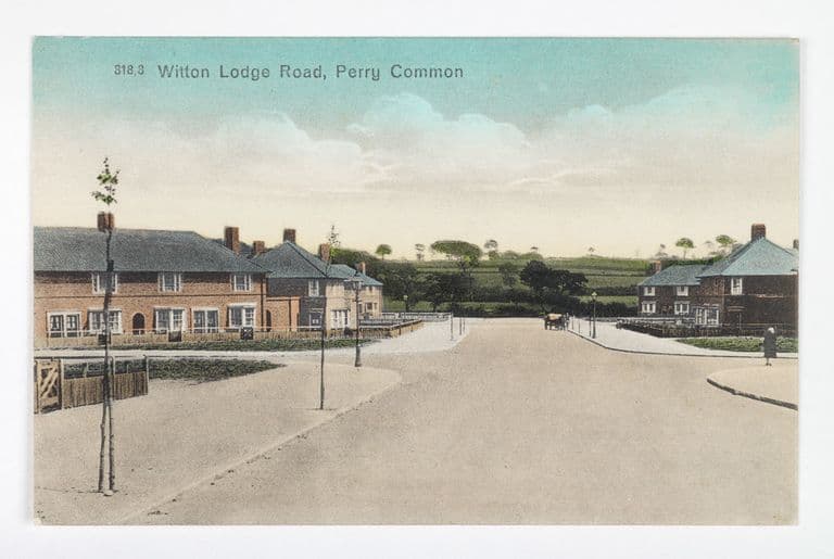 Hand-coloured postcard of new council houses on Witton Lodge Road, Perry Common, with young street trees and fields behind