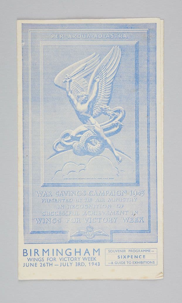 Blue-printed souvenir programme cover showing a winged figure wrestling a serpent above clouds, titled 'Birmingham Wings for Victory Week, June 26th – July 3rd, 1943'.