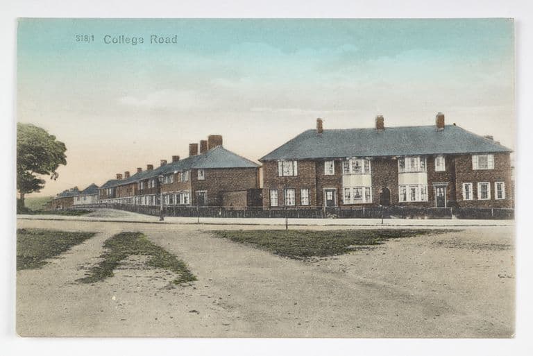 Hand-coloured postcard titled '318/1 College Road' showing new blocks of brick council houses behind low fences, with a wide unmade verge in front