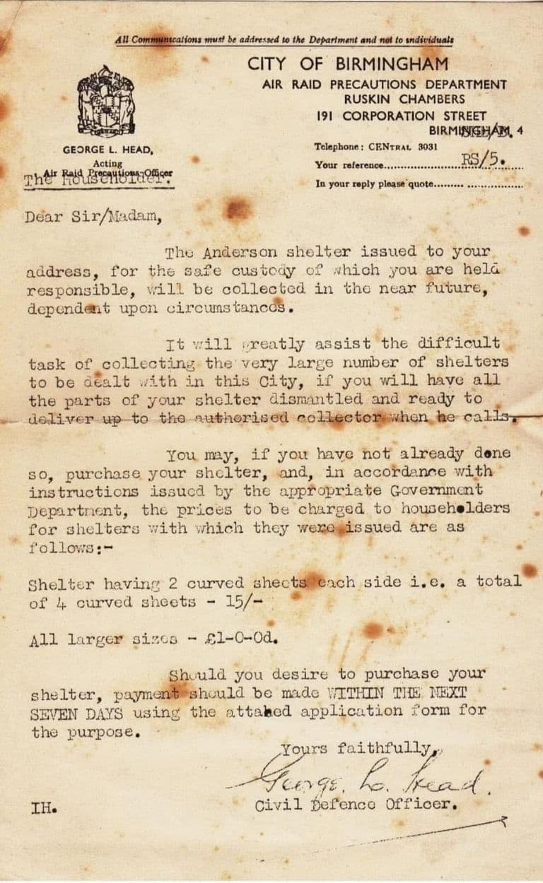 Foxed typed letter from the City of Birmingham Air Raid Precautions Department telling householders their Anderson shelter will be collected, or can be bought for 15s.