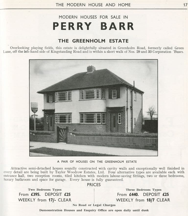Magazine advert from February 1939 for new semi-detached houses on the Greenholm Estate off Kingstanding Road, with a photograph and prices