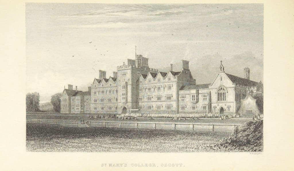 1839: Engraving of St Mary’s College, Oscott, in 1839: the long Gothic college building across open lawns
