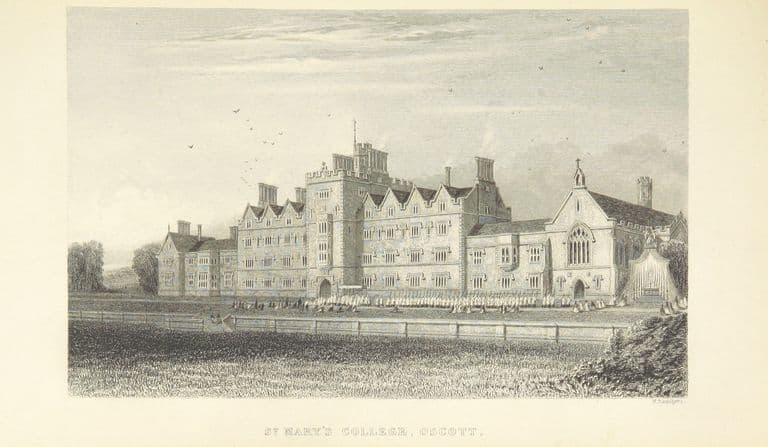 Engraving of St Mary’s College, Oscott, in 1839: the long Gothic college building across open lawns