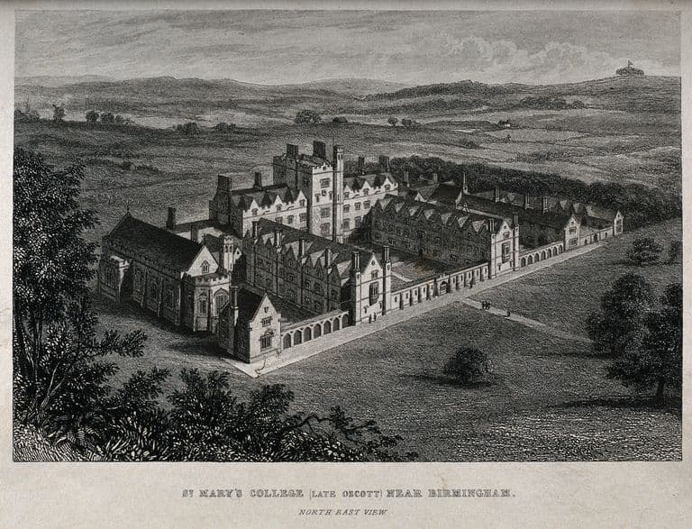 Nineteenth-century bird’s-eye engraving of St Mary’s College, Oscott, surrounded by open countryside