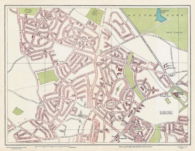 Map from a 1939 street atlas of Birmingham showing the Kingstanding estate’s streets, with Sutton Park at the top right