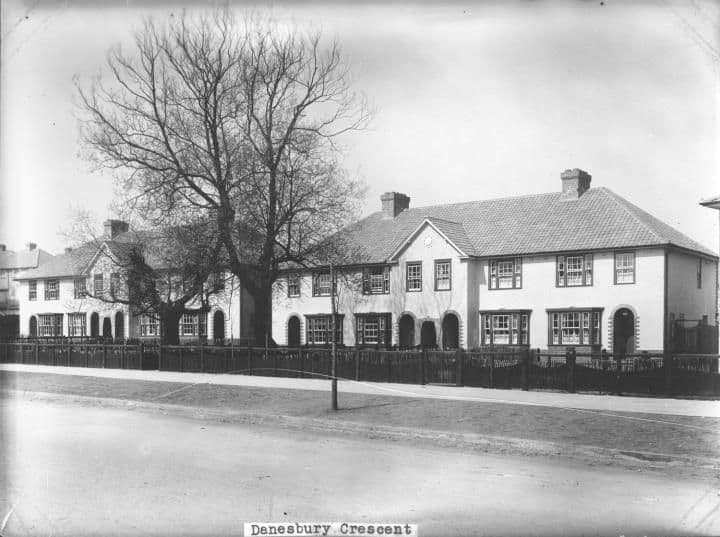 Rendered semi-detached houses on Danesbury Crescent behind timber fences, with a large bare tree and a street lamp; the print is captioned Danesbury Crescent.