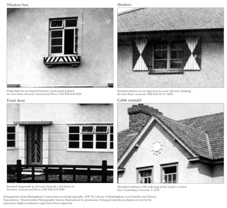 Four enlarged black-and-white details of houses: a window box on shaped brackets, chevron-painted shutters, a front door with chevron boarding, and a sunburst roundel in a gable.
