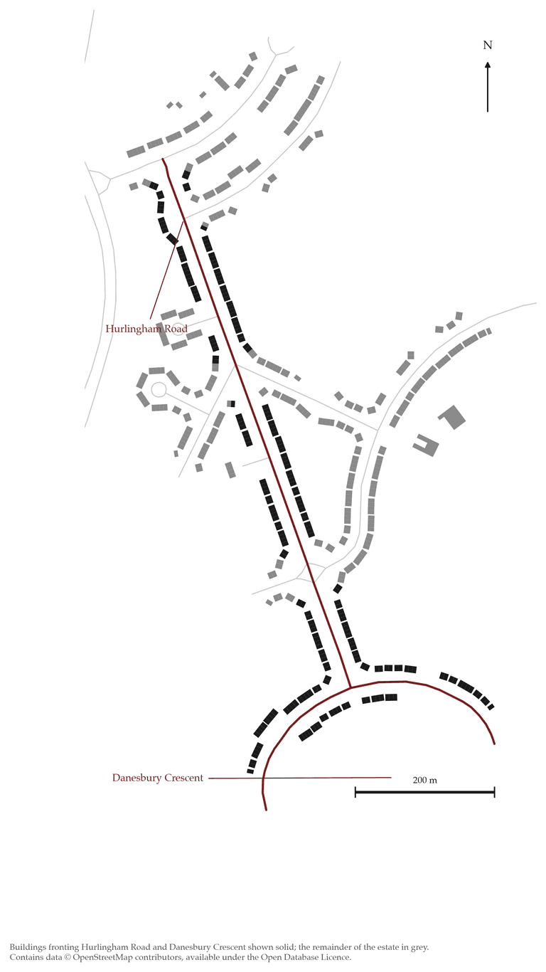 Black-and-white figure-ground plan: the buildings fronting Hurlingham Road and Danesbury Crescent in solid black along a straight line ending in a curve, other buildings in grey.