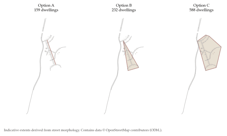 Three small maps showing progressively larger indicative boundary options: A with 159 dwellings, B with 232 and C with 588.