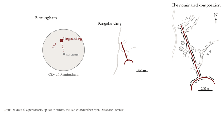 Three location maps: Kingstanding within the City of Birmingham, the estate, and the Hurlingham Road and Danesbury Crescent composition.