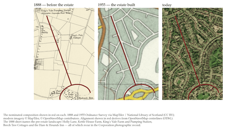 Three maps of the same area side by side: fields and farms in 1888, the estate built by 1955, and aerial imagery today, with the line of Hurlingham Road in red.
