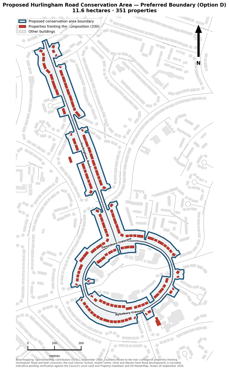 Map of the preferred boundary, Option D, enclosing Hurlingham Road and the oval of Danesbury and Aylesbury Crescents: 11.6 hectares and 351 properties.