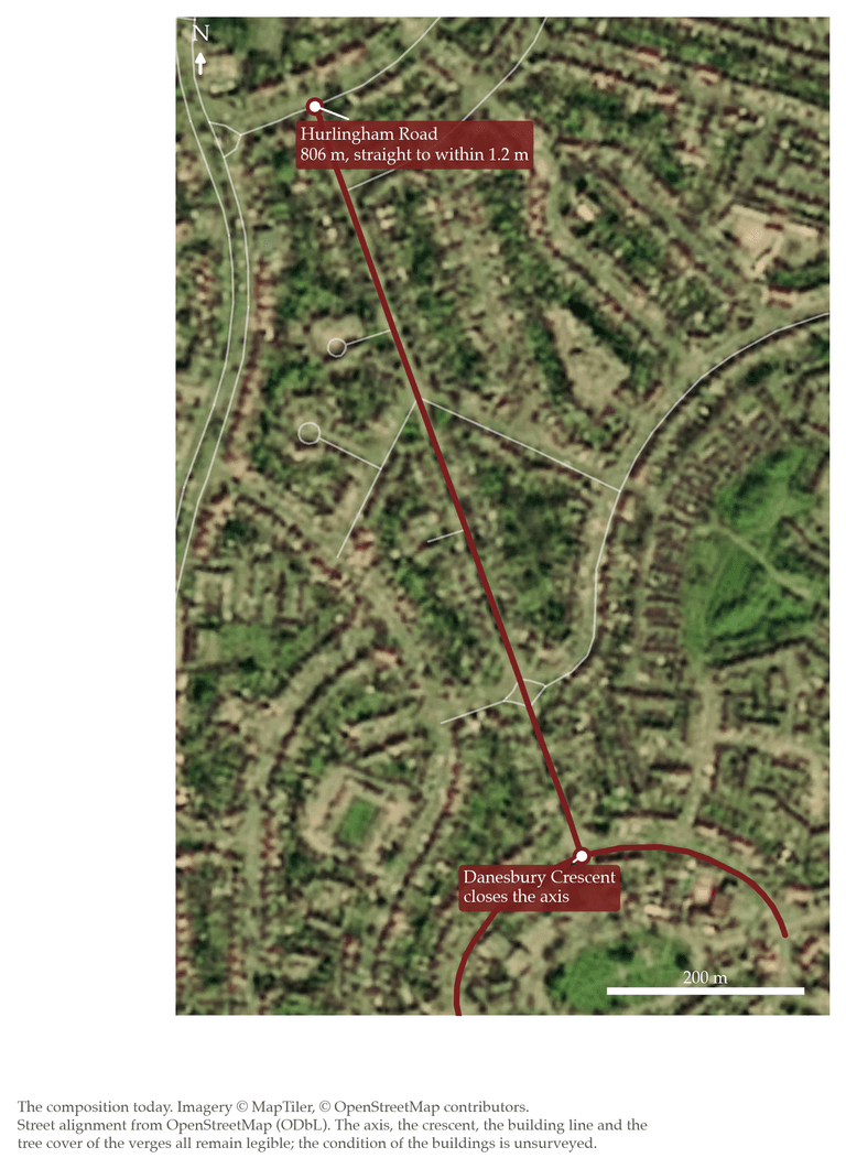 Aerial image of the estate with the straight line of Hurlingham Road and the curve of Danesbury Crescent marked in red and labelled.
