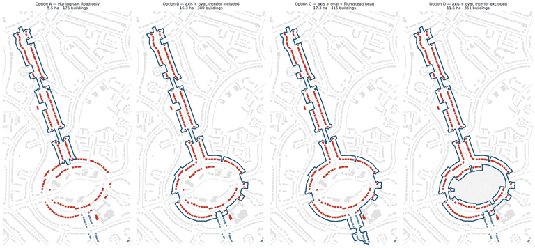 Four maps side by side showing boundary options A to D around Hurlingham Road and the oval.