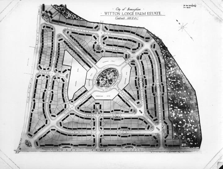 Estate layout plan titled City of Birmingham Witton Lodge Farm Estate, with streets radiating from a central oval open space.