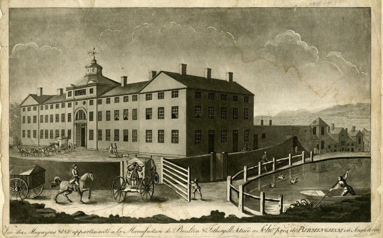 Aquatint of the long classical front of the Soho Manufactory with a pool and figures in the foreground.
