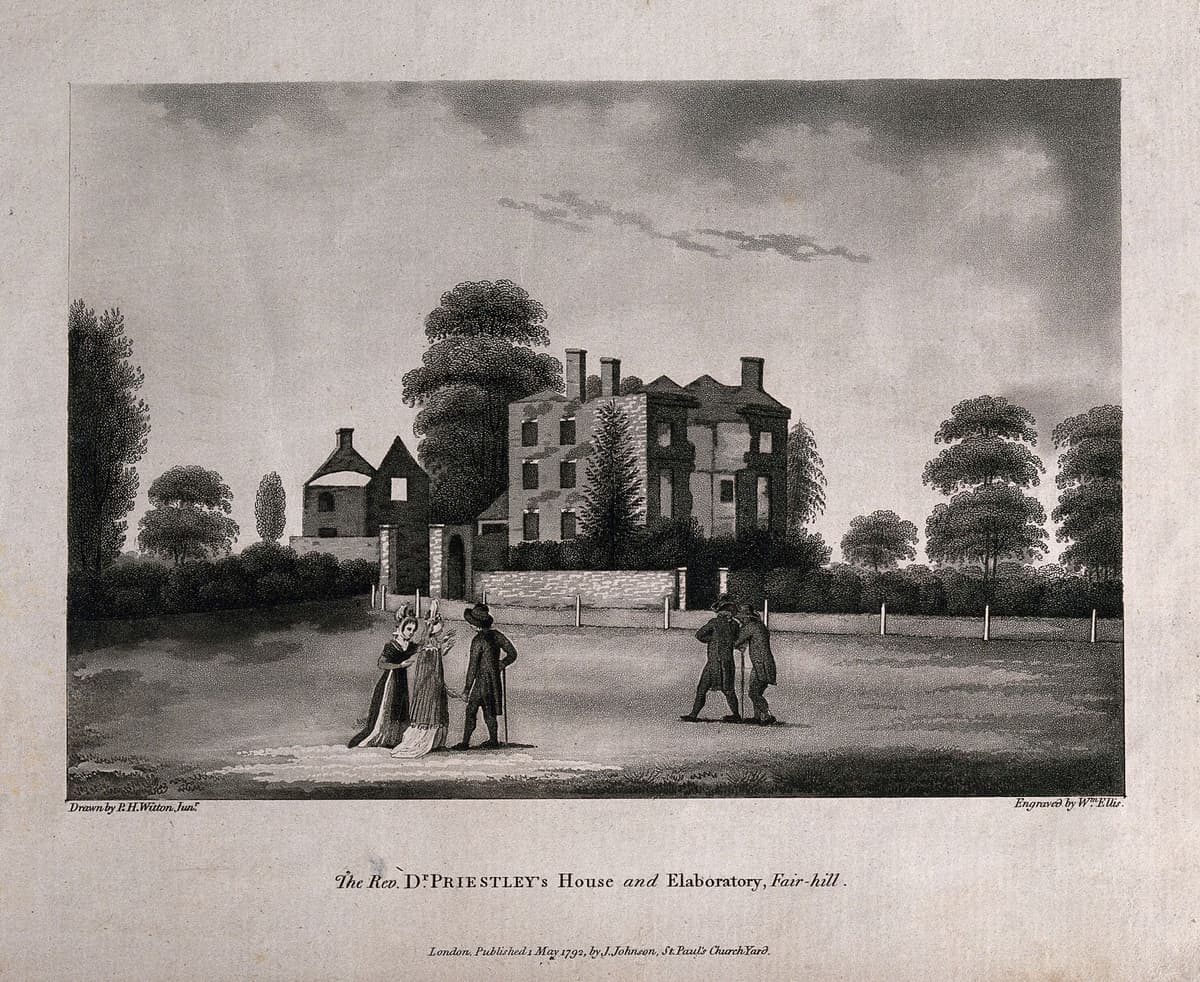 Engraving of a burnt-out house with roofless walls and empty windows, figures standing among the rubble.