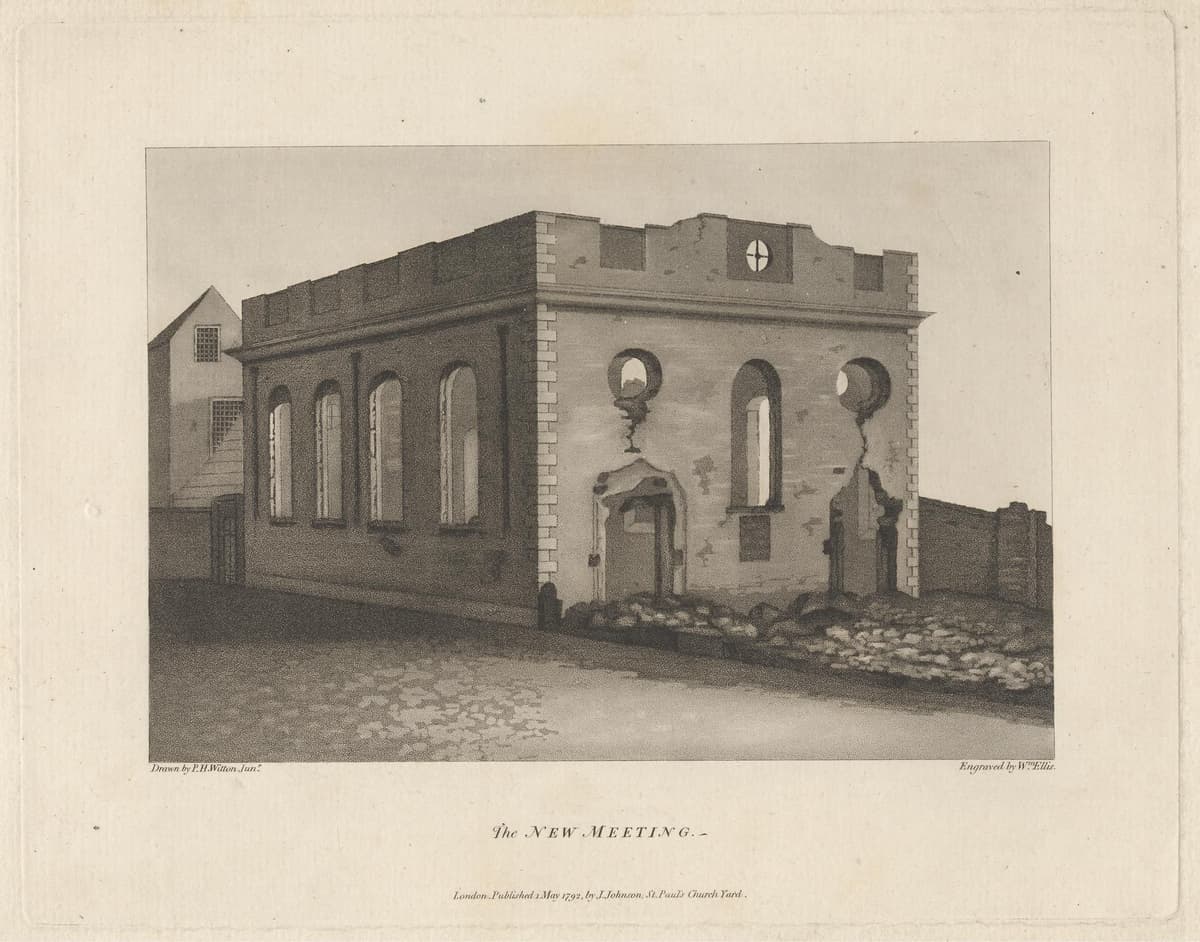 Engraving of the gutted shell of a classical chapel, its roof gone.