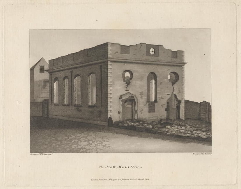 Engraving of the gutted shell of a classical chapel, its roof gone.