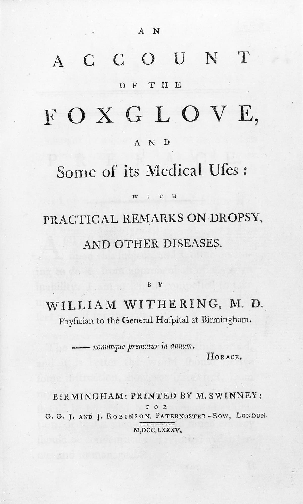 Printed title page of An Account of the Foxglove by William Withering, 1785.