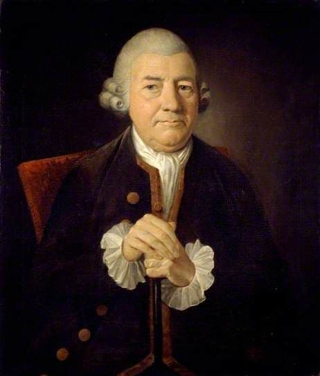 Oil portrait of an elderly man in a brown coat and white neckcloth.
