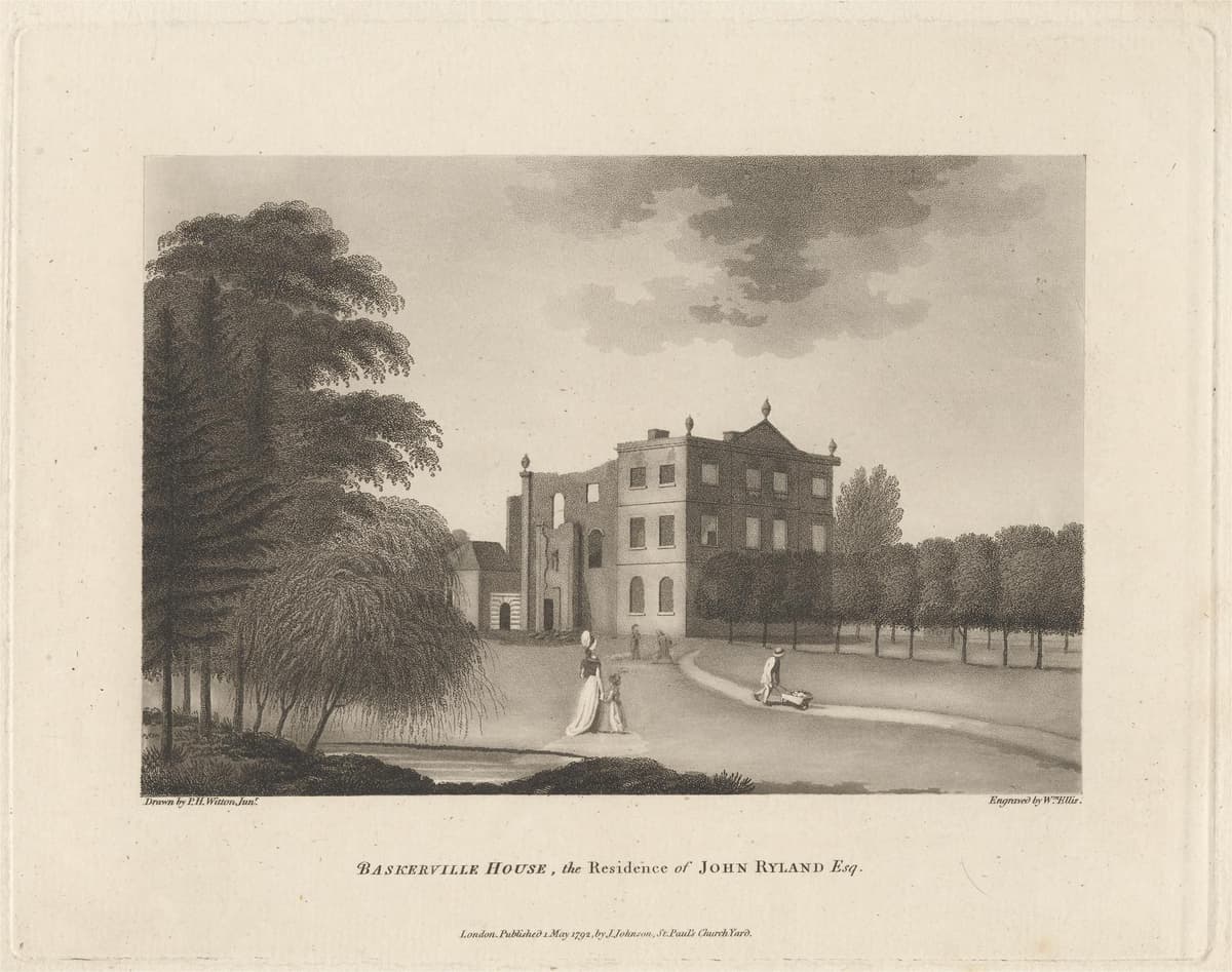 Engraving of the burnt-out ruins of a large house.