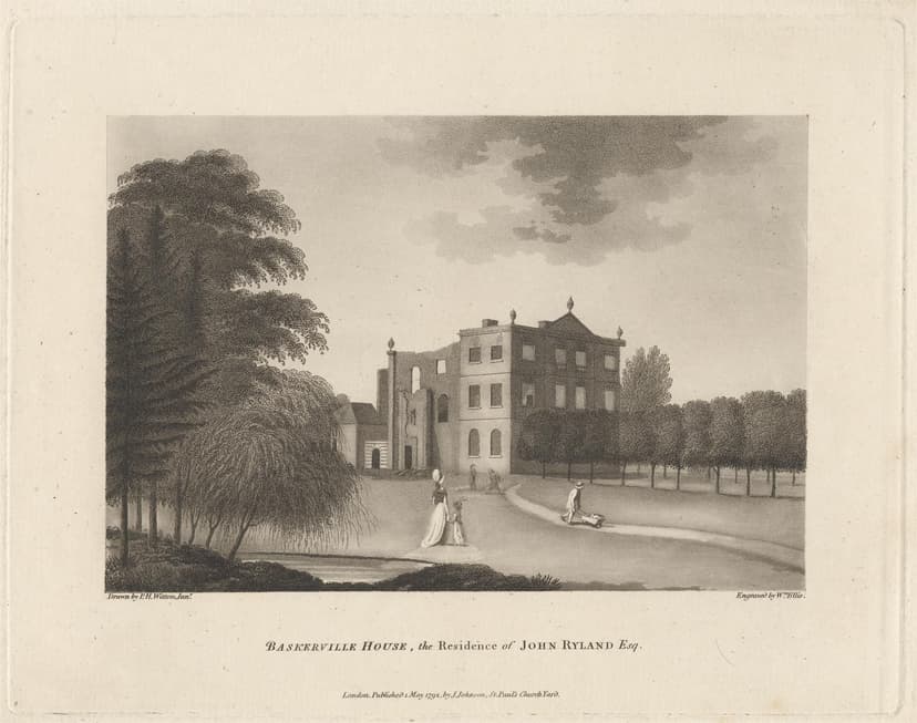 Engraving of the burnt-out ruins of a large house.