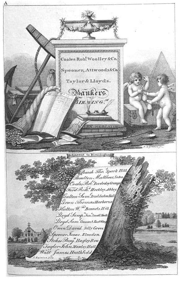 Engraved directory plate with views including Matthew Boulton’s house at Soho.