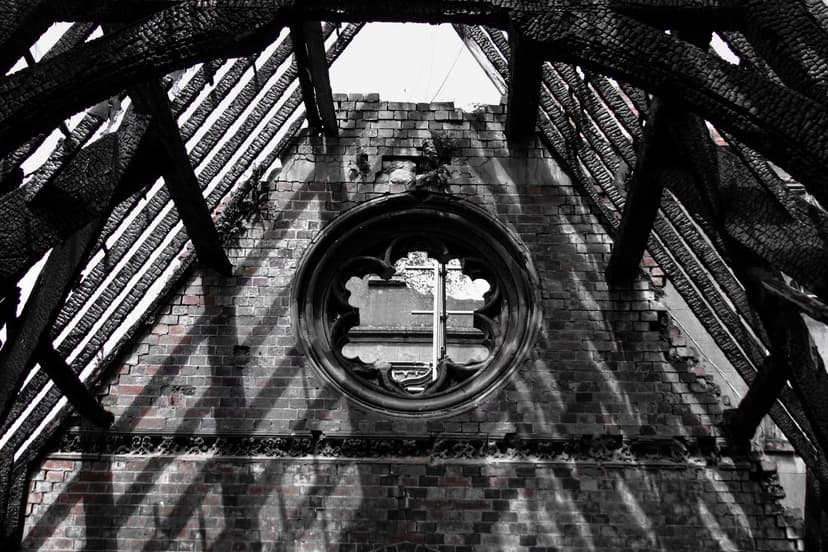 The fire-damaged ruin of the chapel at Great Barr Hall.