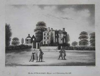 Print of the ruins of Joseph Priestley’s house at Fair Hill after the 1791 riots.