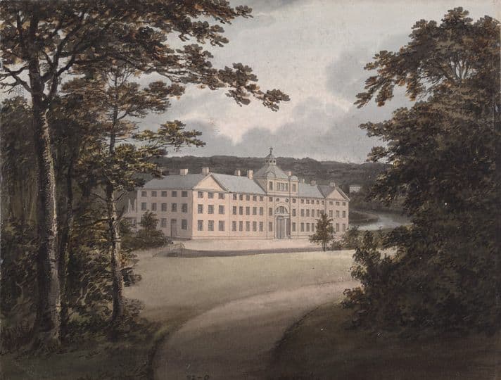 Watercolour of a long, pale factory building with a central bay, seen along a drive between tall trees.
