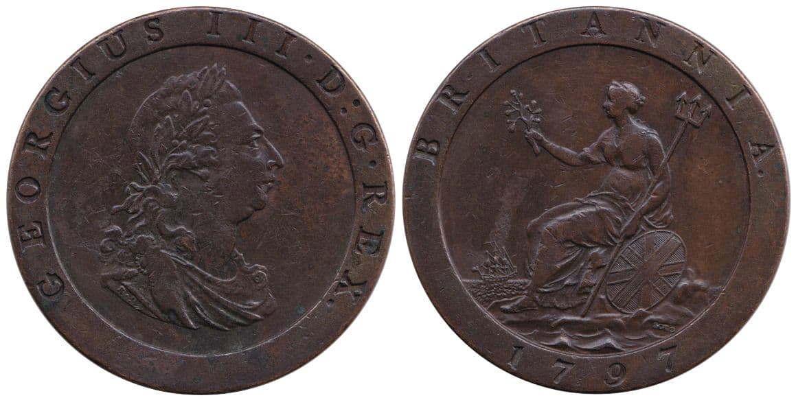 Both sides of a large copper penny: the head of George III, and Britannia seated with a shield.