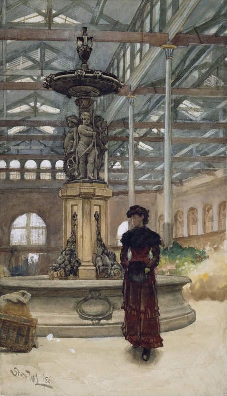 Watercolour of the old Market Hall and its fountain.