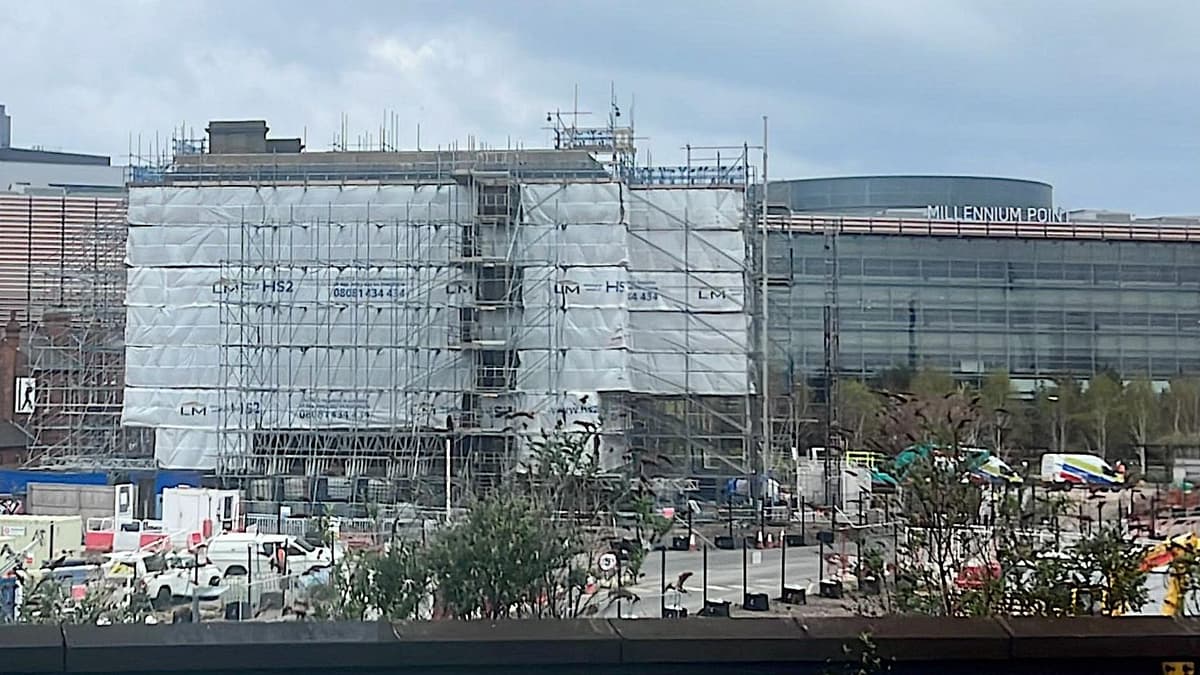 The columned 1838 entrance building of Curzon Street station amid HS2 construction work.