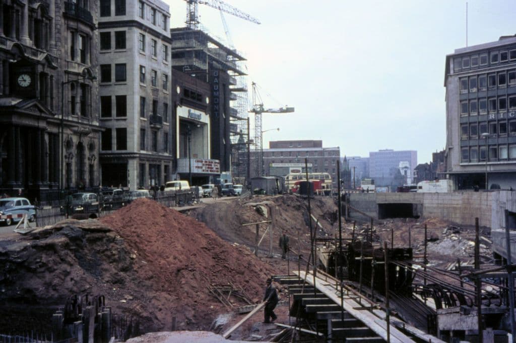 Upper Steelhouse Lane in 1963, with the Gaumont cinema and ring road construction.