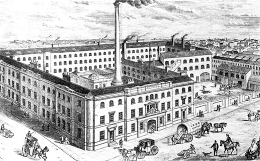 Engraved bird’s-eye view of Gillott’s works, a large block of buildings with a tall chimney, with carriages in the street outside.