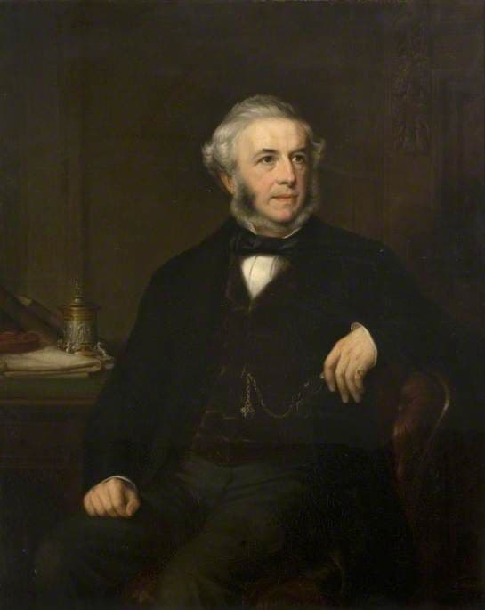 Oil portrait of George Richards Elkington, a seated grey-haired man with side whiskers in dark Victorian dress.