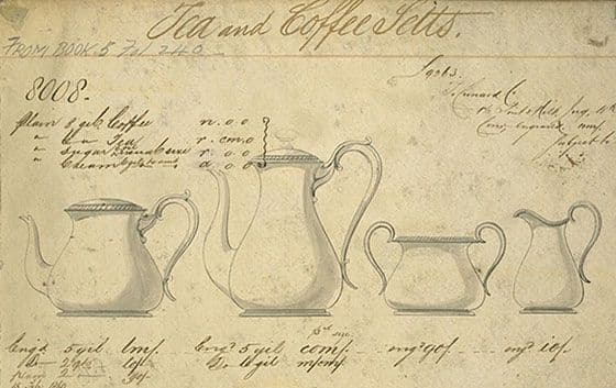 Drawing of an ornate teapot, coffee pot, sugar bowl and jug.