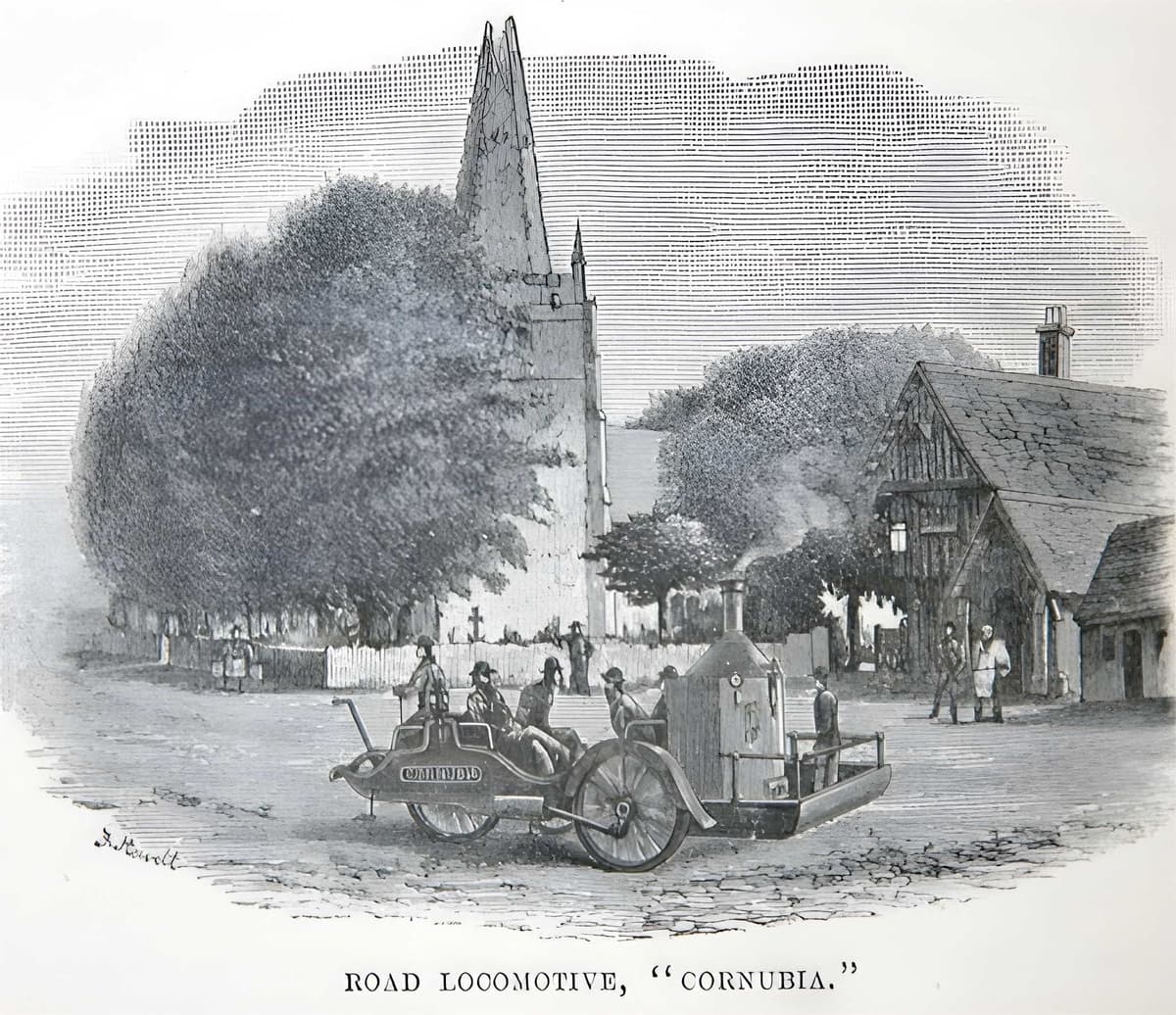 Engraving of an open steam road carriage with passenger seats and a vertical boiler at the back.