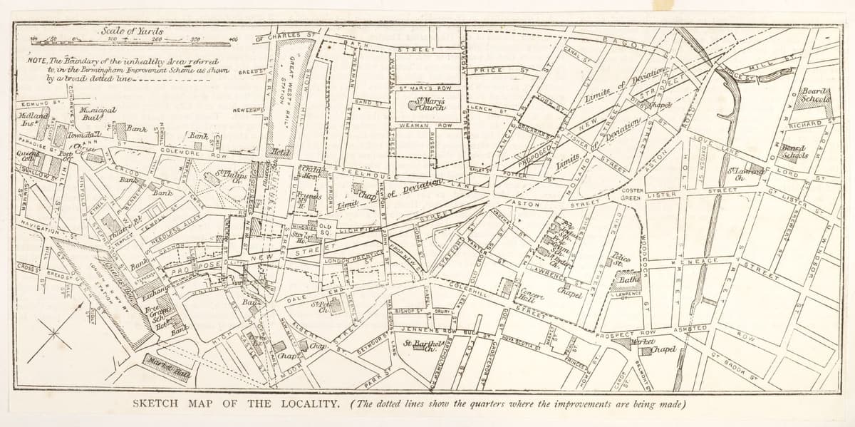 Old map of central Birmingham with the line of a planned new street marked across it.