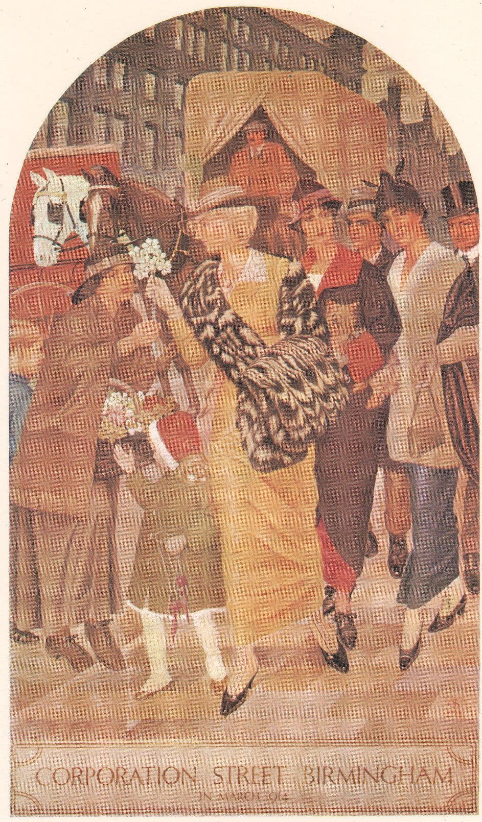 Painting of a wide Victorian street with crowds and tall red buildings.