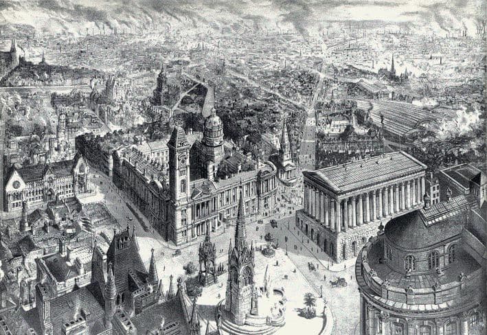 Detailed bird’s-eye drawing of a Victorian city centre with a domed civic building and a classical hall.