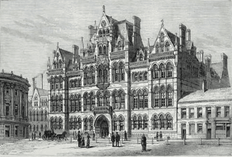 Victorian engraving of a large Gothic college building on a street.