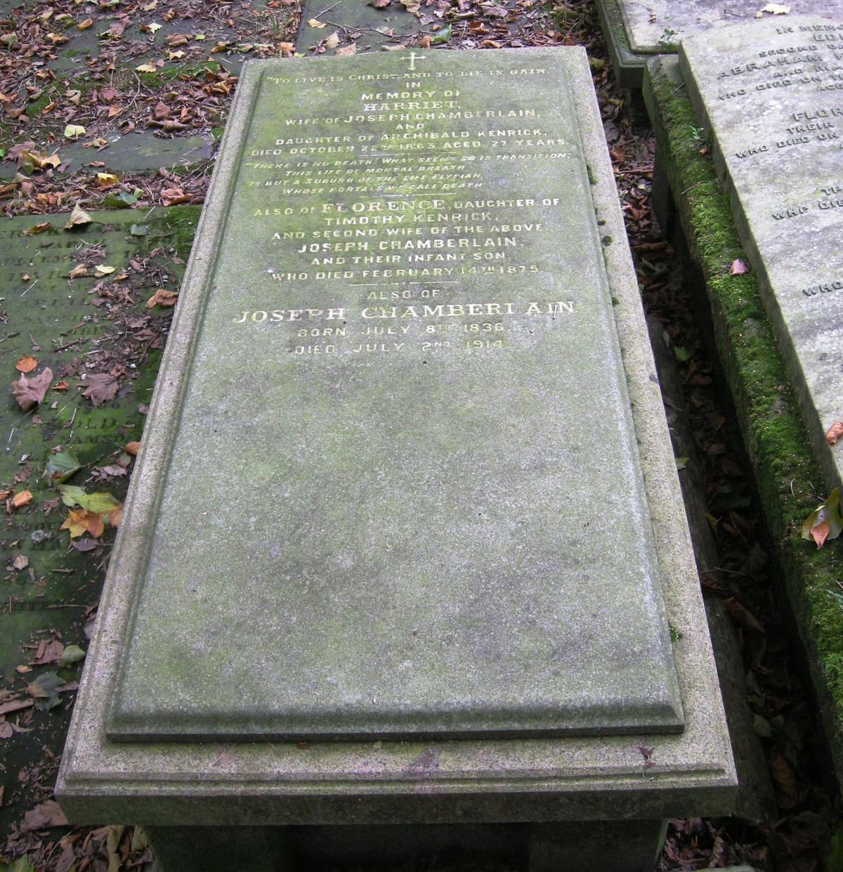 A plain family grave in a cemetery, with names cut into the stone.
