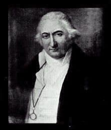 Portrait of an older man with powdered white hair, a high white neckcloth and a dark coat, with an eyeglass hanging on a cord.
