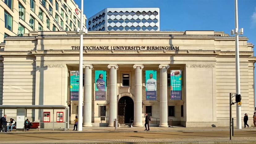 The former Municipal Bank seen across Centenary Square, with ‘The Exchange University of Birmingham’ lettered above its stone colonnade.