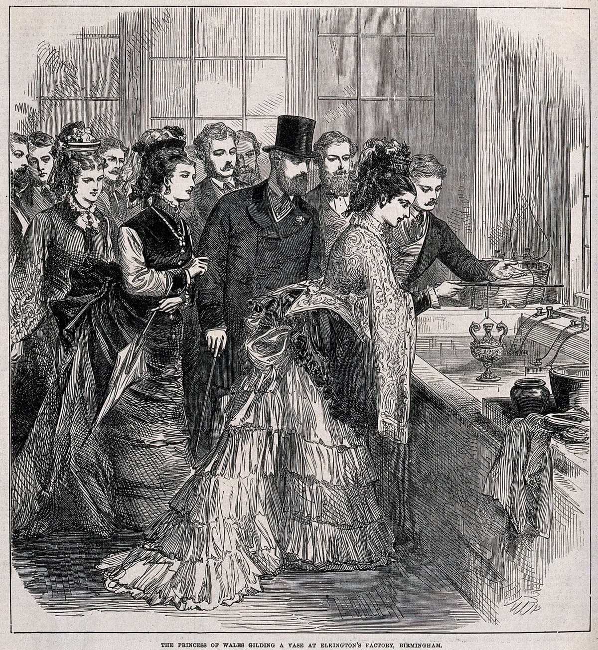 Engraving of a workshop at Elkington’s factory where a royal visitor watches a vase being gilded.