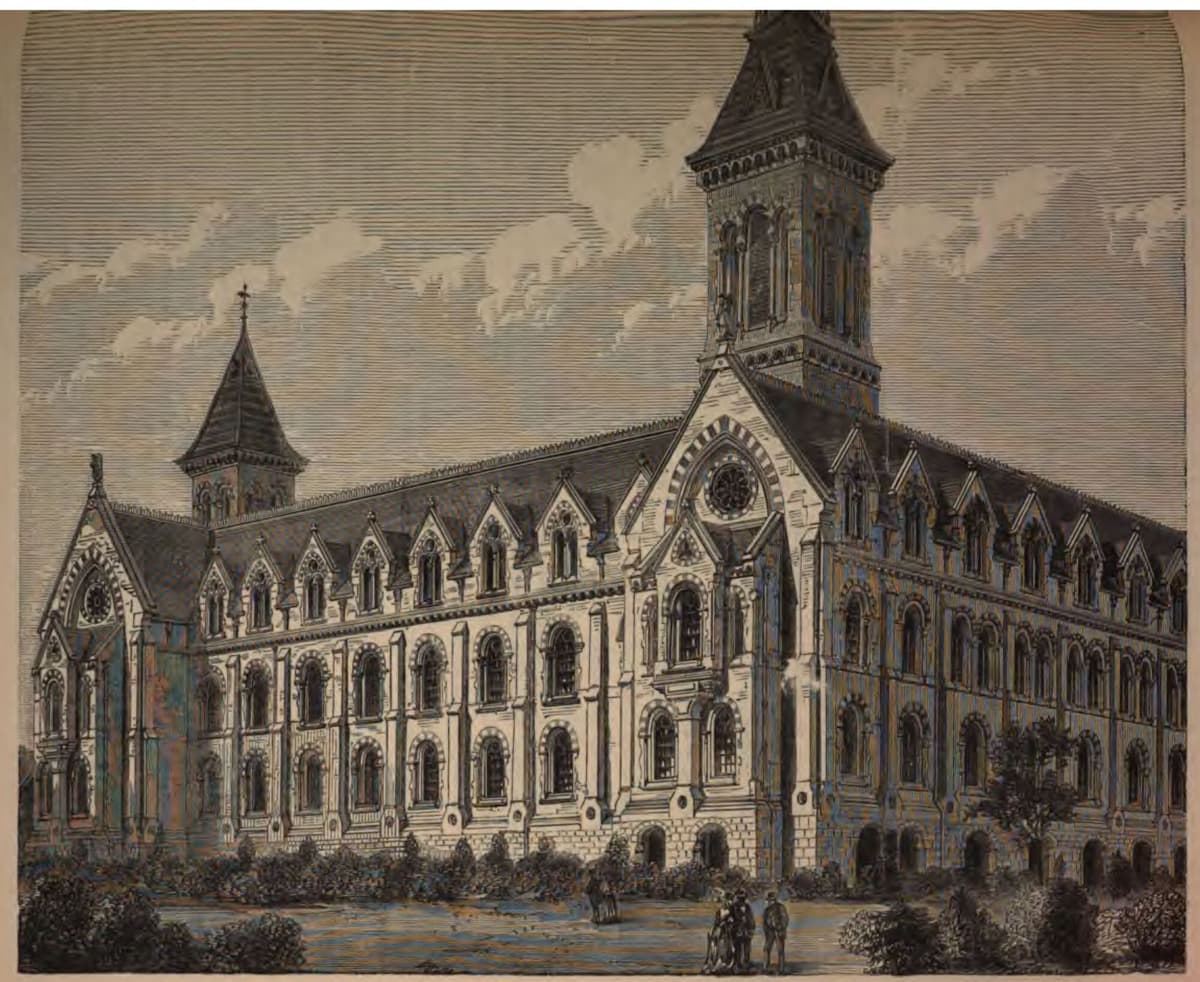 Engraving of a long three-storey Victorian building with rows of round-arched windows, pointed gables and a tall square tower with a steep roof, behind trees and a lawn.