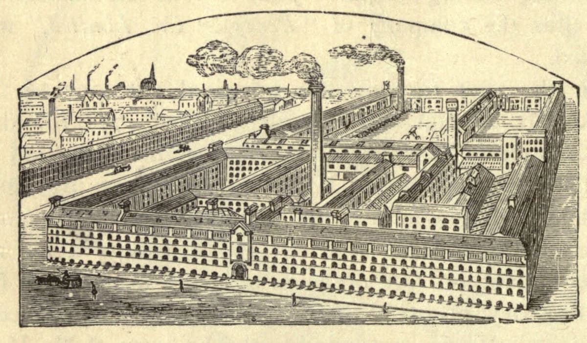 Bird’s-eye engraving of a large factory filling a city block, with long multi-storey ranges around courtyards, a tall chimney and smoke.