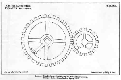 Line drawing of a large spoked gear wheel with a crank arm near its hub, meshing with a smaller spoked gear wheel to its right; headed ‘A.D. 1780 Aug. 23 No 1263 Pickard’s Specification’.